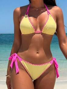 Swim Vcay Women's Triangle Cup Vacation Sexy Solid Color Floral Trim Bikini Two-Piece Swimsuit Set - Pink - View 5