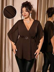 Cravure Plus Size Women's Solid Color V-Neck Casual Versatile Daily Outing Shirt - Brown - View 1