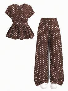 SHEIN Conjunto de 2 piezas para niñas preadolescentes con blusa de top con estampado de lunares marrones, cintura ceñida y decoración de hebilla metálica + pantalones holgados de pierna ancha, conjunto elegante y casual para ocasiones formales & casuales - Marrón - Ver 2