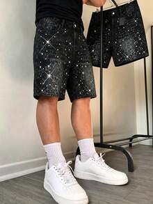 Manfinity Roghcode Shorts vaqueros negros lavados con diseño de estrella desgastado y adornos de strass, estilo callejero americano para hombre, vacaciones - Negro - Ver 1