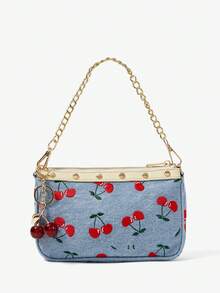 Viva Strut 女士女款櫻桃刺繡櫻桃吊飾腋下包，單肩包，手提包，時尚個性簡約百搭，街頭甜酷女孩 Y2k 風，鉚釘復古，適合約會、日常、購物、上學 - 牛仔藍 - 查看 3