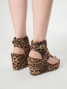 ROMWE Grunge Punk New Thick Platform Wedge Sandals, Comfortable Versatile Hollow-Out High Heel Sandals - Leopard - View 4