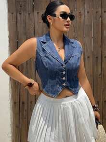 Dazy Plus Plus Size Denim Washed Cropped Sleeveless Vest Top Blogger Style For Spring Summer Holiday Navy Blue - Medium Wash - View 4