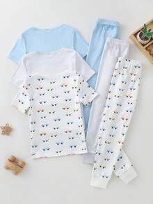 6pcs/Set Boys' Fashion Simple Comfortable Cute Casual Daily Soft Skin-Friendly High Elastic Knit Fabric Solid Color Striped Multi-Color Car Cartoon Print Pattern Round Neck Short Sleeve Top And Long Pants Tight Fit Loungewear - Multicolor - View 2