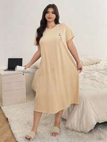 Dazy Plus Solid Color Casual Letter Print Round Neck Straight Hem T-Shirt Loungewear Long Nightgown Summer Pajamas - Mustard Yellow - View 6