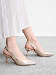 CUCCOO BIZCHIC 女款時尚尖頭細中跟金色鞋，配後跟帶與slingback扣環，適合日常通勤、約會、派對及辦公室穿著的女鞋 - 淺香檳金屬 - 查看 5