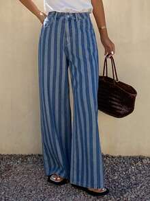 Dazy Tall Women's Striped Straight Loose Casual Jeans, Street Style Vacation Pants - Blue - View 7