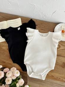 SHEIN Baby Girl Knitted Solid Color Round Neck Ruffle Trim Casual Romper 2-Piece Set - Black and White - View 3