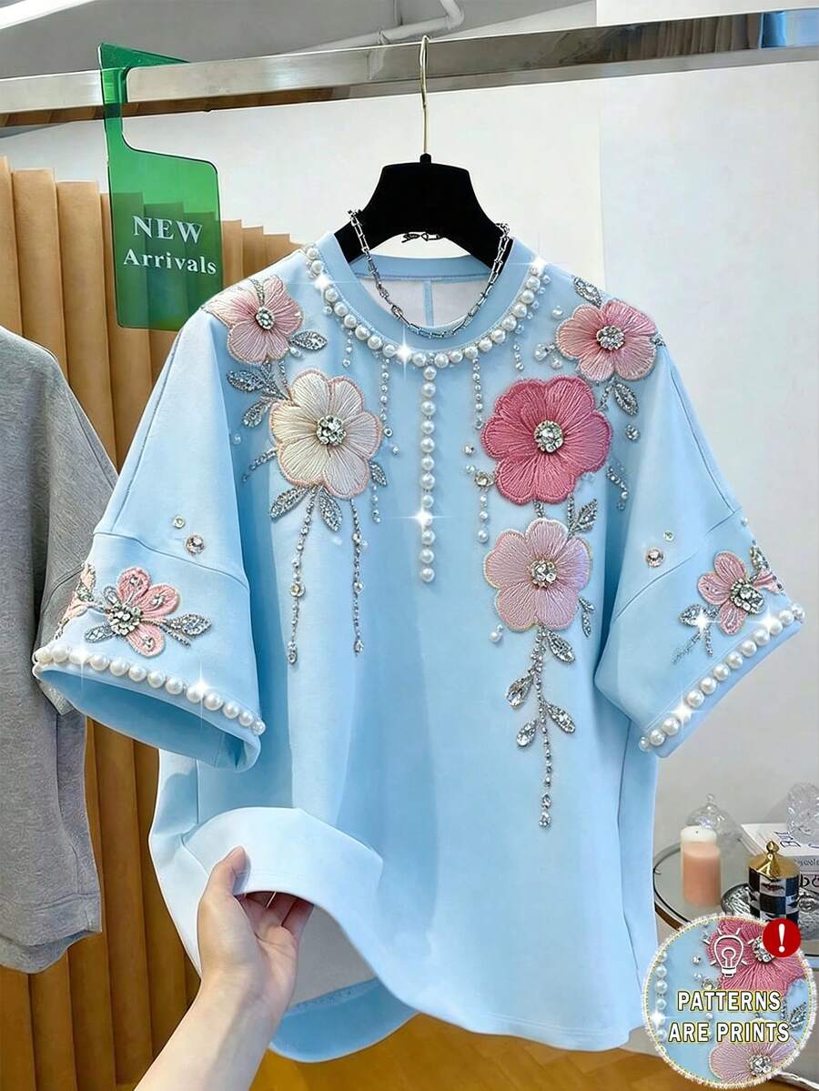 GlowEve 女士花卉珍珠装饰圆领短袖T恤 - 藍色 - 查看 1
