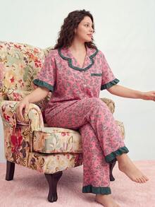 Elorette Plus Size Women's Floral Print PJS, Decorated With Ruffle Trim And Pockets, Suitable For Indoor And Outdoor Wear - Pink - View 9