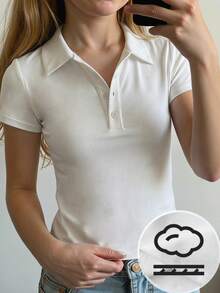 青少年女孩 白色素色休閒簡約半拉鍊 Polo 領修身短袖 T-shirt - 白色 - 查看 3