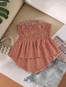 CosyJoli Plus Size Women's Vacation Plaid Shirred Bandeau Top - Red - View 3