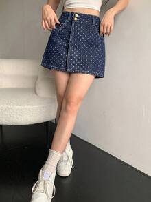 Joudiya 女士波点印花休闲半身裙搭配直筒牛仔短裤，复古度假海滩街头风，春夏装扮 - 深色水洗藍 - 查看 5
