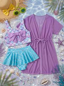 SHEIN Kids Young Girl Fish Scale Print Bow Decor Bikini And Triangle Bottom Two-Piece Swimsuit Set With Cover-Up Dress Baby Yellow Summer - Multicolor - View 2