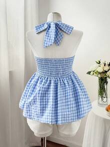 Flirla Plus Size Brown Plaid Ruffle Halter Top, Spring/Summer Gym - Blue - View 2