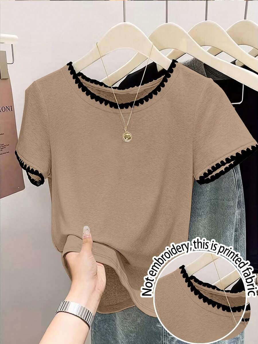 SHEIN 大码女式圆领撞色滚边休闲日常短袖T恤 - 彩色 - 查看 1