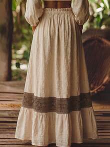 Holdful Holdful Women's Long Skirt With Pockets, Elastic Waist & Tie Decoration, Ruffle Hem Lace Spliced Design - Apricot - View 2