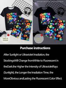 Teen Boys Rainbow Gradient American Graffiti Style SIX SEVEN (67) Number Print Cool Graphic Design Short Sleeve Shorts Snug Fit Pajama Loungewear Set - Black - View 6