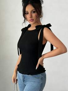 Selianne Top sin mangas con nudo en el hombro de unicolor para mujer - Negro - Ver 3
