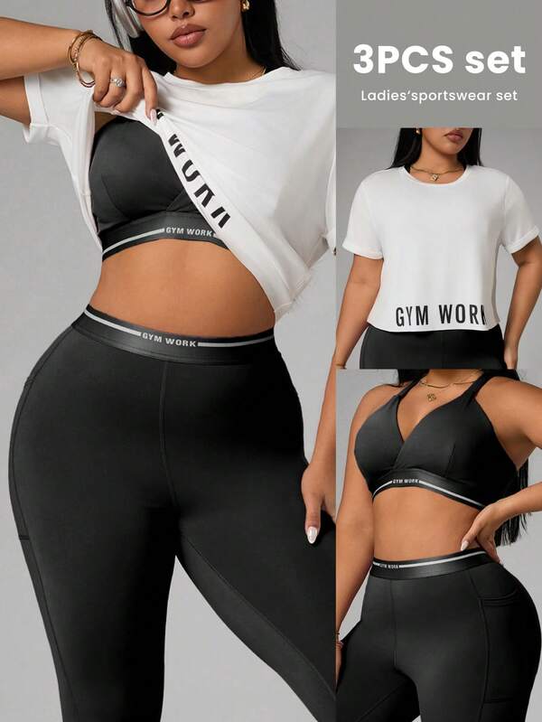 SHEIN Rhythm Era Conjunto deportivo de 3 piezas para mujer con camiseta de manga corta con estampado de letras, sujetador y leggings