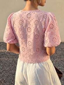DAZY Textured Embroidered Jacquard Fabric Short Tie Bow Princess Sleeve Elegant Boho Vacation Summer Blouse Women's Shirt Brunch Pink Floral - Pink - View 2
