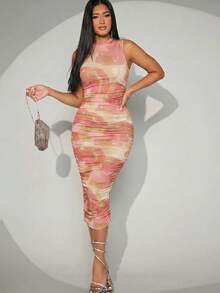 L'Amorae Women's Floral Print Pleated Fitted Mermaid Hem Round Neck Dress - Pink - View 1