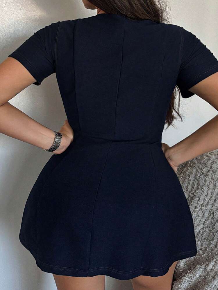 Dazy Plus Solid Color Faux Denim Knit Wrap Elastic Deep V-Neck Sexy Pure Desire Casual Short Sleeve Short Length Women's Spring Summer Dress