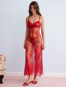 Elorette 酒紅色蕾絲拼接透視深V長版女款睡袍，優雅迷人純真浪漫 - 酒紅色 - 查看 7