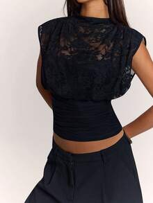 SHEIN BAE 女款性感優雅蕾絲拼接壓褶收腰背心上衣 - 黑色 - 查看 7