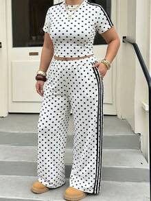 SHEIN EZwear 大尺碼女款波點拼接上衣與長褲套裝，休閒牛仔寬鬆日常度假正式風，適合夜店夏季白色 - 黑與白 - 查看 3