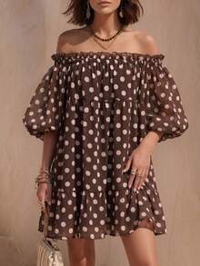 SHEIN LUNE Polka Dot Off-Shoulder Elastic Ruched Ruffle Puff Sleeve Fashion Versatile Women's Short Dress - Multicolor - View 6