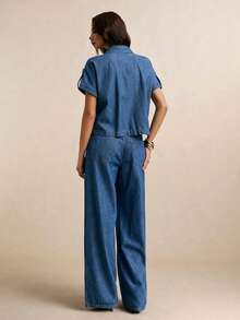 Poéselle 女款鈕扣領短袖上衣與直筒牛仔褲套裝 - 中等水洗藍 - 查看 2