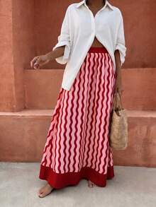 Flora Isola Flora Isola Women's Wavy Pattern Elastic Waist Contrast Color Elegant Boho Loose Skirt Beach Pink Striped Autumn - Multicolor - View 4