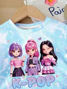 Young Girl Round Neck Letter Cartoon Pattern Short Sleeve T-Shirt And Shorts Set Suitable For Spring And Summer Daily, Outings, Vacations, - White - View 5