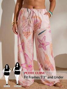 SHEIN PETITE CURVE 大码休闲假日海星贝壳印花裤 - 淺粉色 - 查看 1
