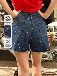 DAZY 女士休闲直筒牛仔短裤，饰有波点、爱心和花卉印花，带口袋，复古水洗度假海滩街头风，春夏Y2K风格 - 藍色 - 查看 1