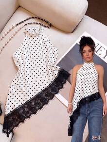SHEIN Women's Polka Dot Contrast Lace Halter Neck Asymmetric Ruffle Top - White - View 3
