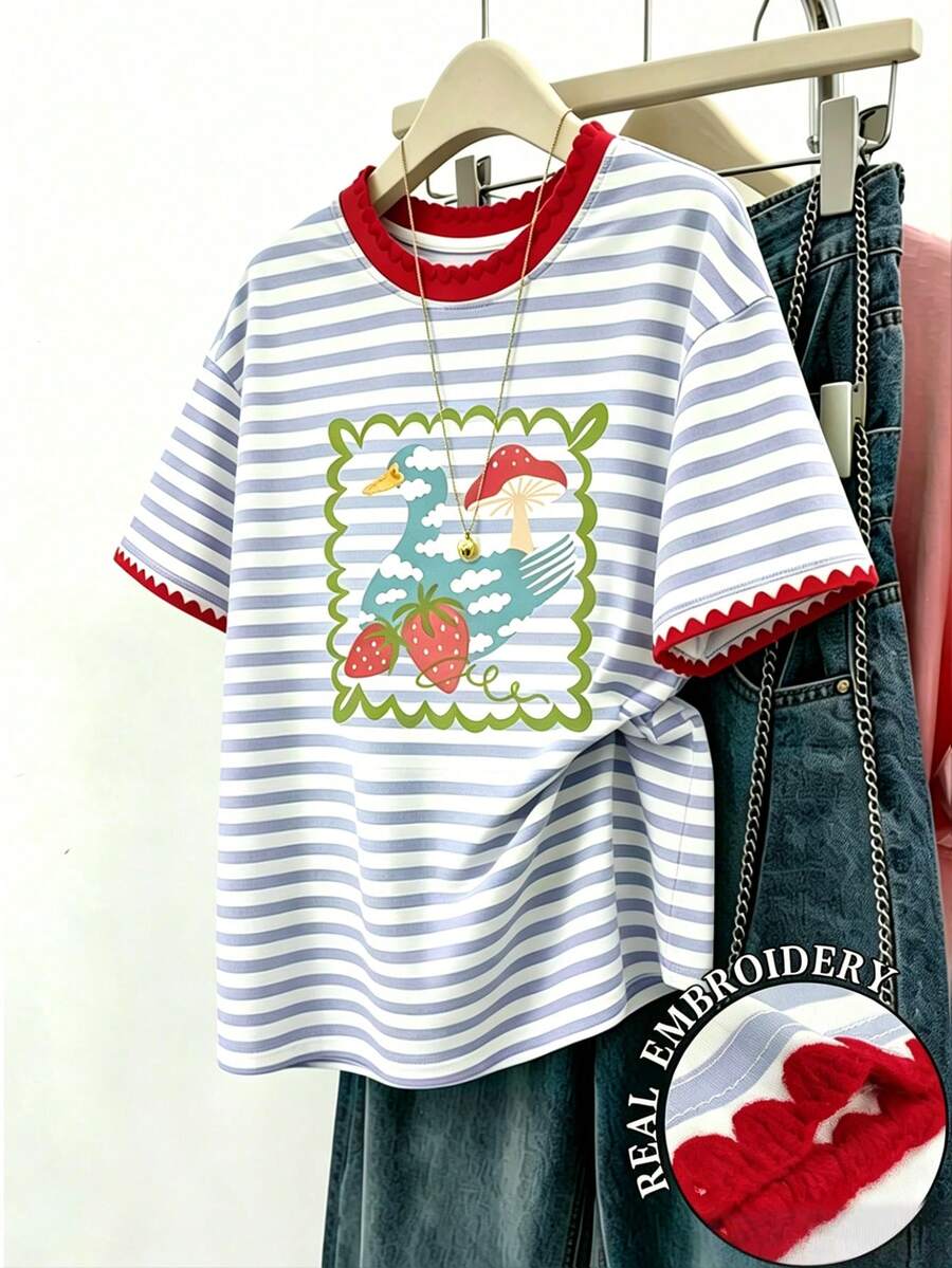 Resyla Women's Striped Cartoon Print T-Shirt / Daily Casual / Summer - Multicolor - View 1