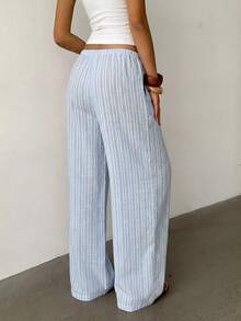 Aloruh Women's Casual Elastic Waist Tie Striped Linen Texture Loose Straight Wide Leg Pants - Baby Blue - View 2