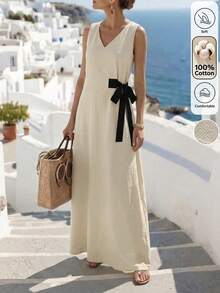 Isle Nomé Vestido largo sin mangas con cuello en V beige para mujer con detalle de lazo asimétrico en contraste negro, versátil para vacaciones de verano y diversas ocasiones - Blanco y Negro - Ver 7