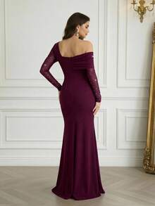 Modelyn Women's Fashion Oblique Shoulder Formal Evening Mermaid Dress Women's Formal Evening Dress Gown (Heavy Embroidery) Women Rhinestone Embellished Sheer Black Long Evening Gown, Wedding Guest Dress, Elegant Evening Dress, Prom Dress, For Wedding Dress Waist And Chest Slimming, Party Dress, Formal Dress Purple Women Evening Dress Off Shoulder Formal Dress Plum Dress Long Sleeve Formal Dress Sexy Elegant Dress - Red Violet - View 2