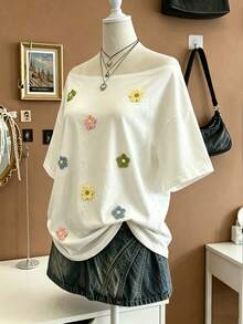 EMERY ROSE Women's 3D Floral Decor Off-Shoulder Loose T-Shirt - White - View 3