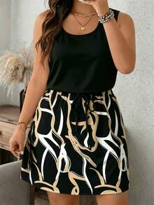 SHEIN LUNE Abstract Line Color-Block Casual Minimalist All-Over Print Plus Size Dress - Multicolor - View 1