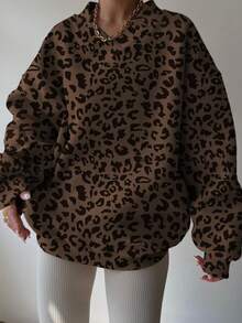 INAWLY Women's Casual Leopard Print Dropped Shoulder Loose Fit Sweatshirt, Autumn/Winter - Chocolate Brown - View 4