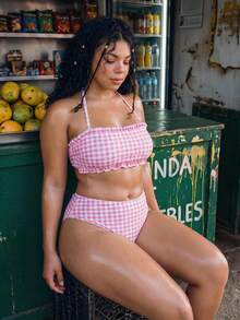 Swim Mod Plus Size Women 2pcs White Print Spaghetti Strap Sexy 1920s Beach Vacation Bikini Swimsuit Summer - Multicolor - View 3
