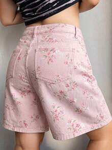Dazy Plus Dark Wash Blue Butterfly Embroidery Back Pocket Wide Leg Cropped Denim Shorts, Spring/Summer - Pink - View 2