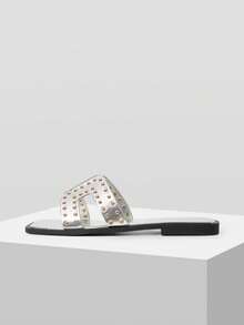 MOTF SANDALIAS PLANAS DE MODA DE VERANO PARA MUJER, CASUALES DE CALLE Y DESPLAZAMIENTO, CON DECORACIÓN DE REMACHES Y PUNTA ABIERTA, ZAPATOS DE PRIMAVERA - Plateado - Ver 3