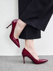 CUCCOO BIZCHIC 尖頭細高跟酒紅色鏡面女鞋 春秋款 簡約基本款 日常通勤 逛街約會 百搭低鞋口 氣質女鞋 - 酒紅色鏡面 - 查看 1