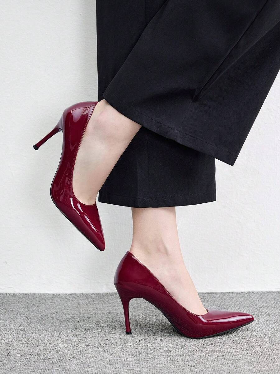 CUCCOO BIZCHIC 尖頭細高跟酒紅色鏡面女鞋 春秋款 簡約基本款 日常通勤 逛街約會 百搭低鞋口 氣質女鞋 - 酒紅色鏡面 - 查看 1