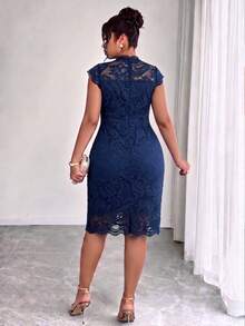 Elenzga Plus Size Women Lace Elegant Waist Gathering Party Dress Summer Spring Wedding Guest Party - Blue - View 2